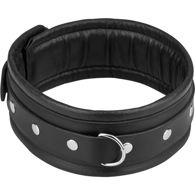 Rimba - Brede En Gevoerde Leren collar Met D-ring Zwart