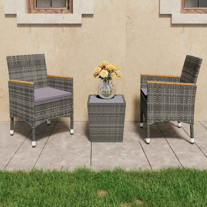 vidaXL - 3-delige - Bistroset - poly - rattan - en - gehard - glas - grijs