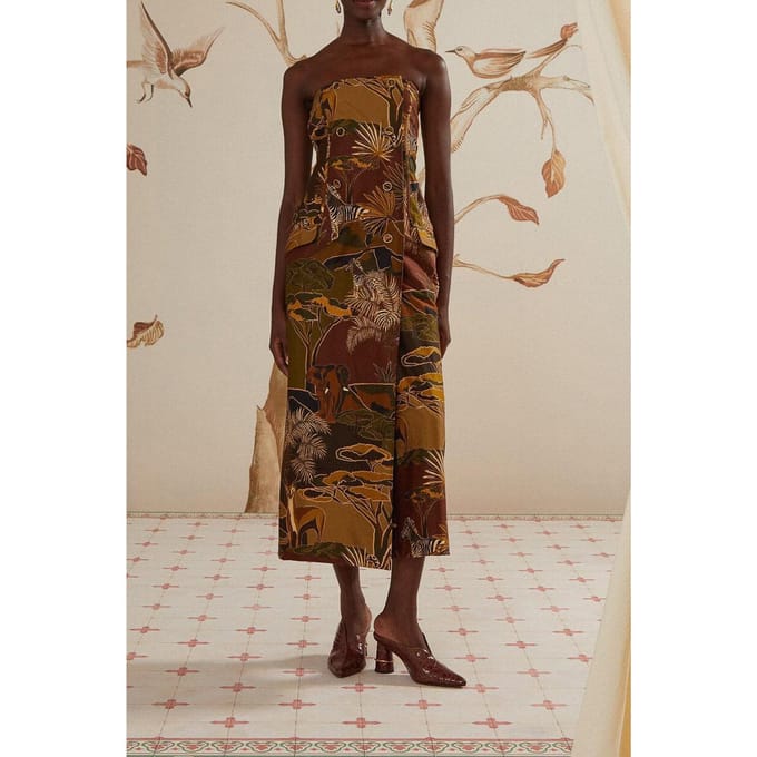 FARM Rio Savana Dream Caramel Strapless Buttonned Midi Dres Größe: L | Midikleider Outlet | Damen | Braun