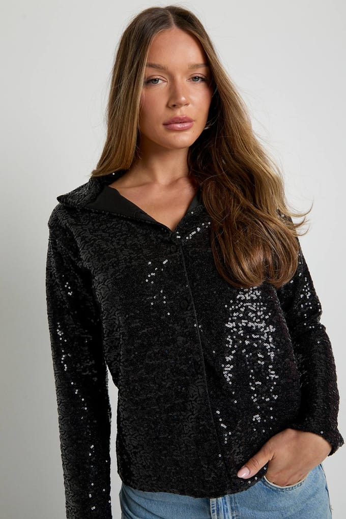 boohoo Dames Pailletten oversized doorgeknoopt overhemd | Black | Maat: 6