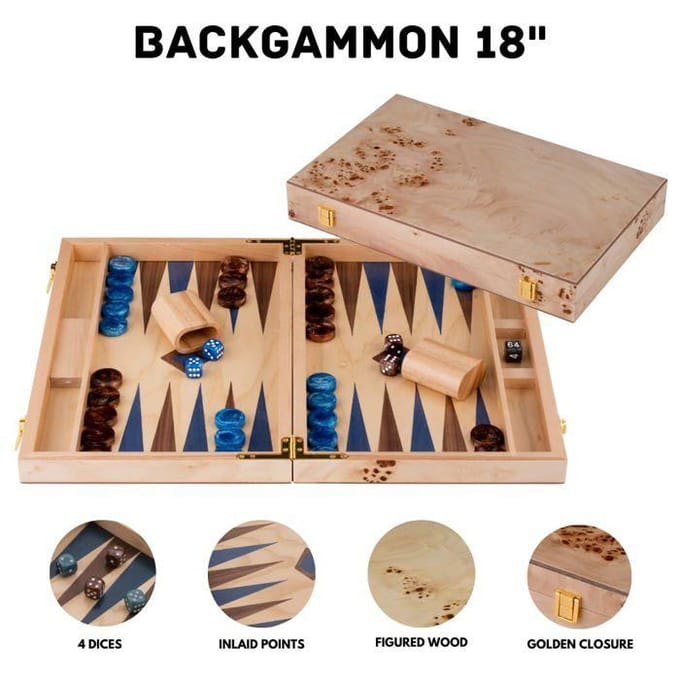 Backgammon de Luxe Bois - ENGELHART - 18 pouces (52x45,5 cm) Bois de ronce & noyer - Pions bleu/brun - Valise rigide bleu