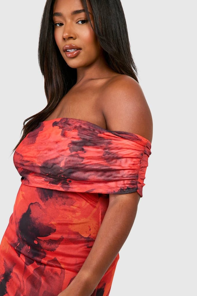 boohoo Dames Plus Bardot Floral Maxi Jurk | Bloemen | Maat: 56
