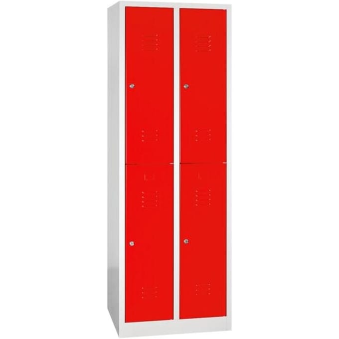 Kledinglocker, twee rijen, 2 x 2 compartimenten, cilinderslot, lichtgrijs/vuurrood