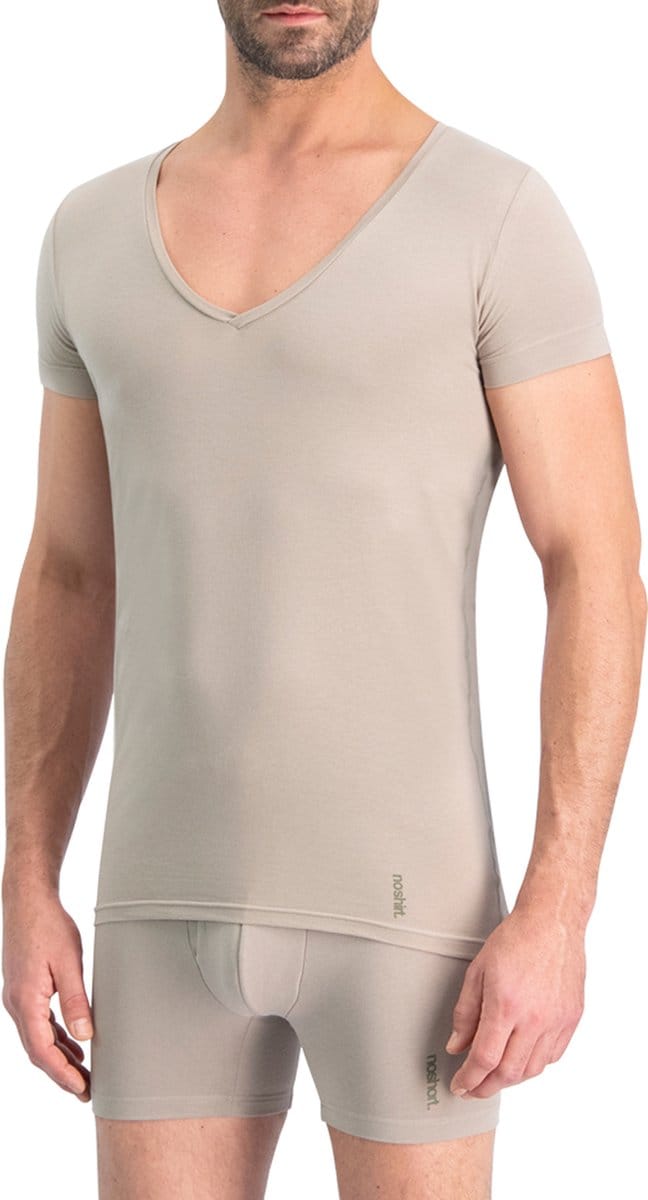 Noshirt Short Sleeve - SoftTouch Tencel - Heren Ondershirt - Deep V - Invisible Khaki - Maat M