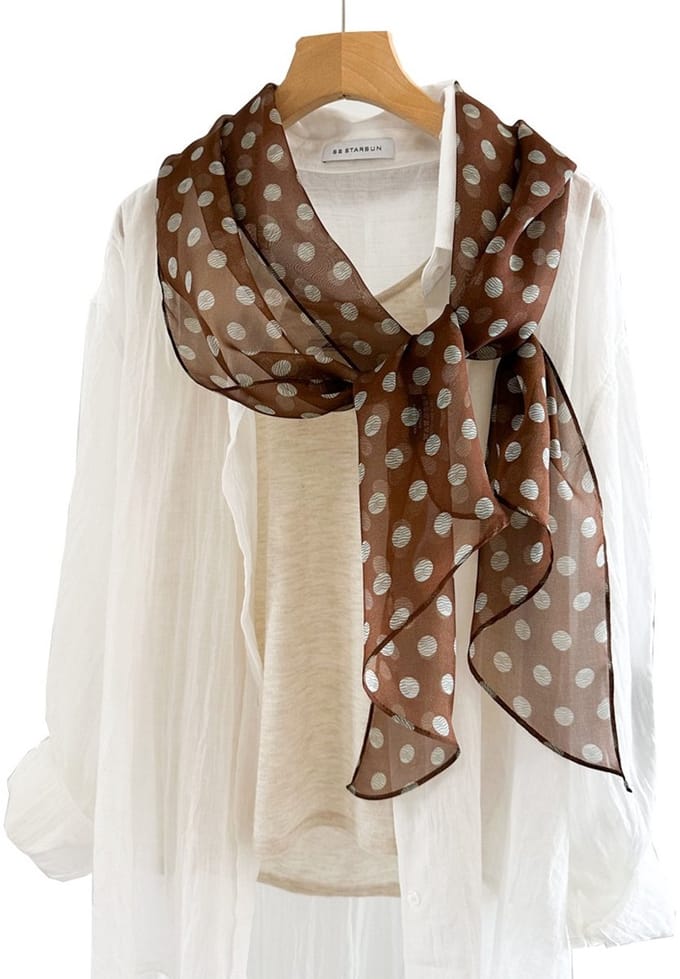 Zijden Sjaaltje – Halsdoek Dames – Zijde – Stippen – Bruin