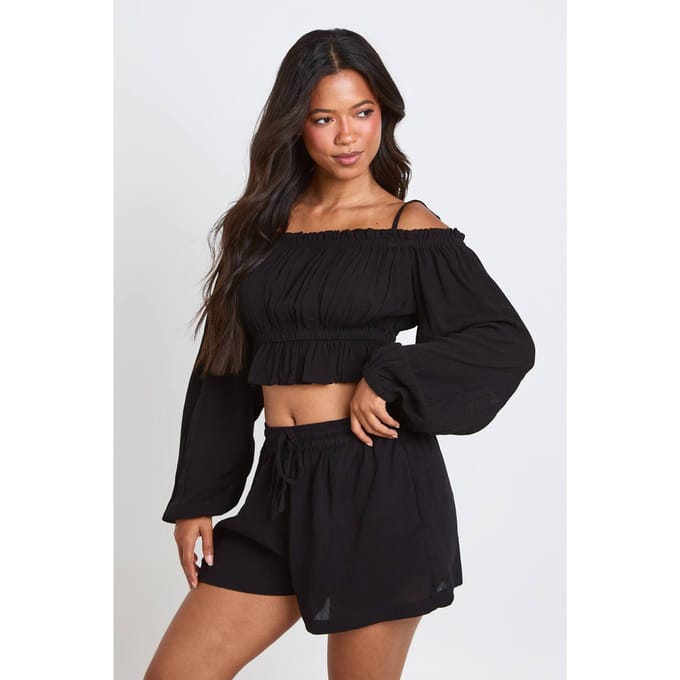 boohoo Dames Getextureerde Strandshort | Zwart | Maat: 34