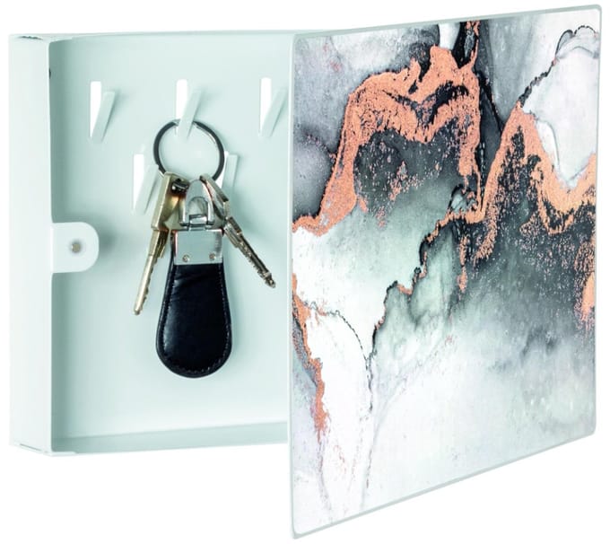 Sleutelkastje – Metaal met motiefdecor lava – Wit geverfd – 9 stevige haken – Modern design – 28 cm breed
