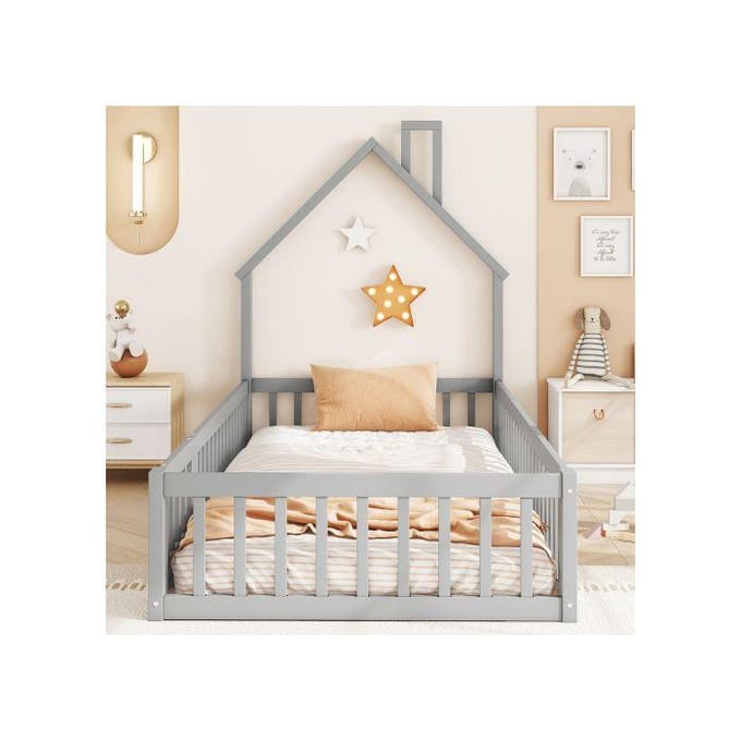 Kinderbed - MUVOE - 90 x 200 cm - Haardontwerp - Veiligheidshek - Grijs grijs