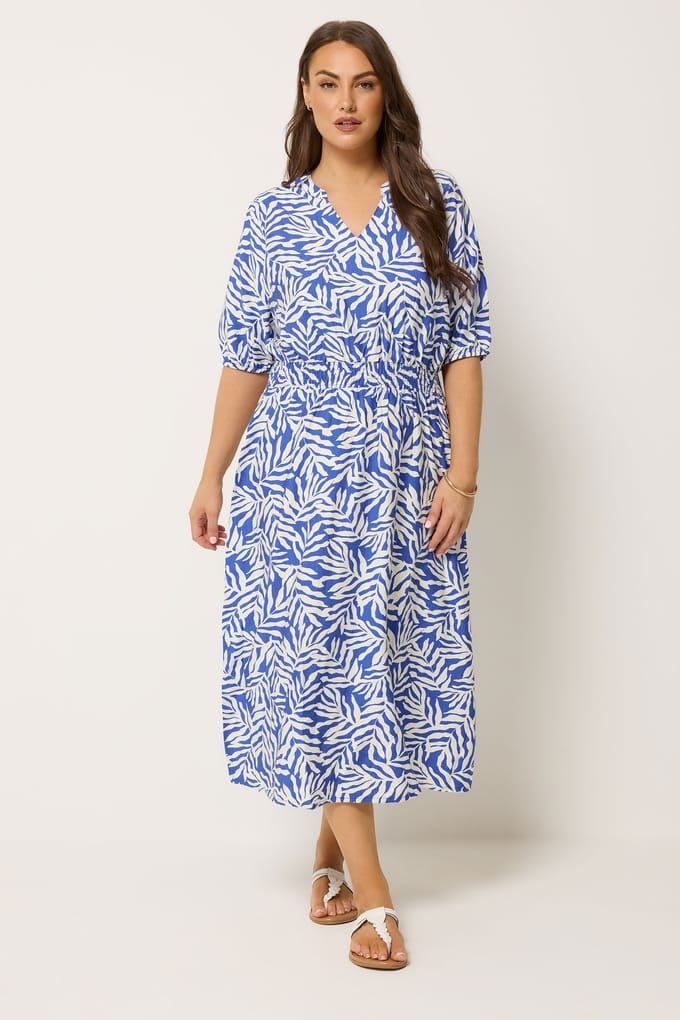 Yours Blauwe Jurk Met Bladprint En Inkeping In De Hals Size 46