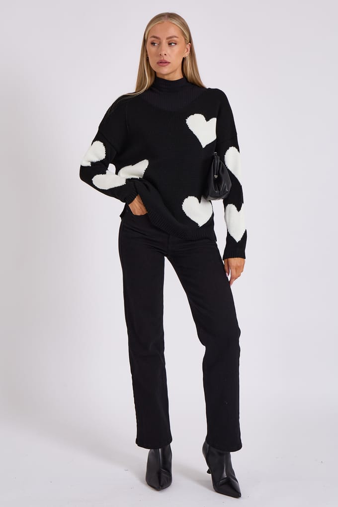 Zwarte oversized hartgebreide trui met V-hals