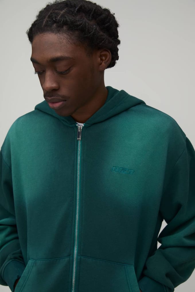 Oversized Boxy Spray Wash Man Embroidered Double Ended Zip Through Hoodie | Green | Size Medium