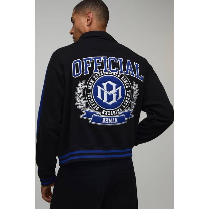Boxy Fit Jack Met Kraag En Appliqué Varsity Jersey | Black | Size Medium