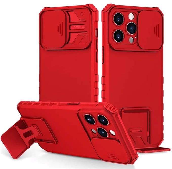 Cityhoesje - iPhone 15 Pro Max- Slide Camera Lid – BackCover - Anti-drop Kickstand - Rood