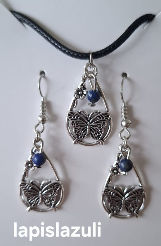 Set "Lapis Lazuli" Waterdruppel / Vlinder Ketting / Oorbellen