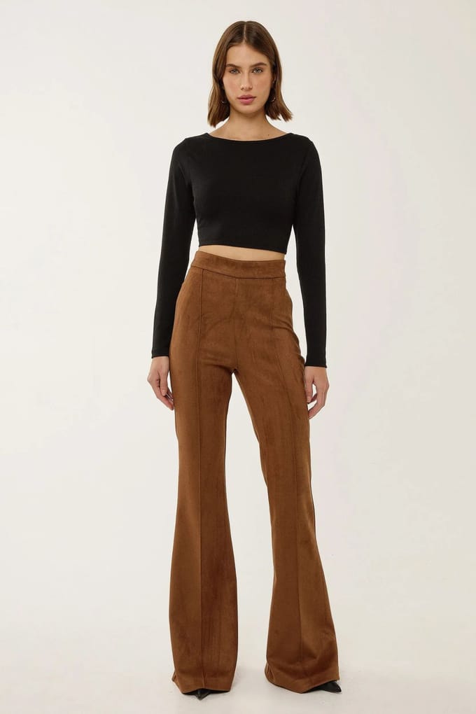 Hoge Taille Suède Brede Pantalon met Pintuck