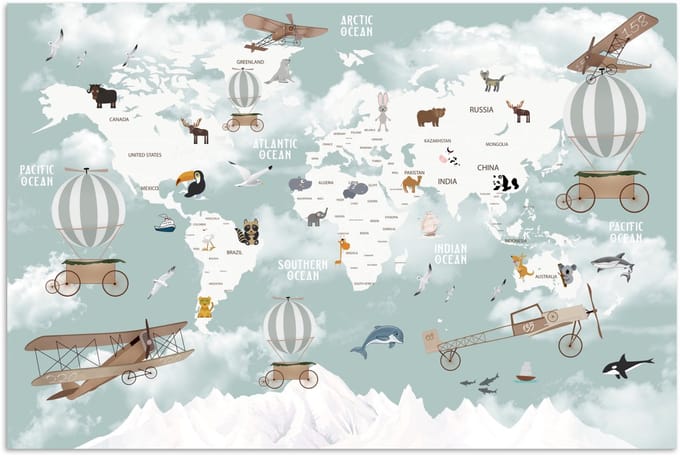 Wereldkaart - Kind - Vliegtuig - 180x120 cm - Poster