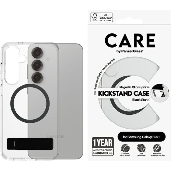 CARE by PanzerGlass Feature Case Transparent w. Black Kickstand & QI Compatible Samsung Galaxy S25+