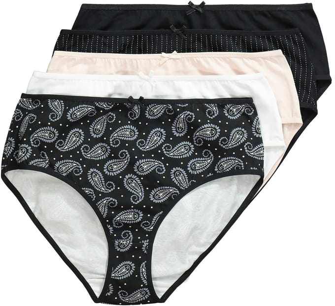 Ulla Popken - Dames - Midi-slips set van 5 paisley krijtstrepen/effen - Zwart - Maat 62+