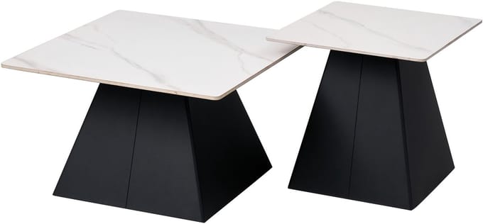 ExitoDesign MAVIA Serie - Witte Salontafelset - 2 Tafels - Kwartskomposiet Blad - Zwart Metalen Onderstel