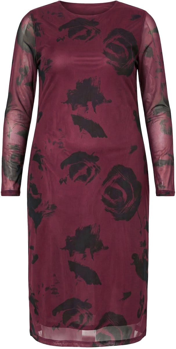 Studio Untold - Dames - Maxi-jurk Slim Shape mesh met motief lange mouwen - Bordeauxrood - Maat 46+