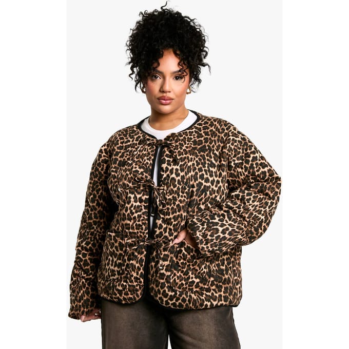 boohoo Dames Plus Luipaard Tie Detail Gewatteerde Jas | Brown | Maat: 22
