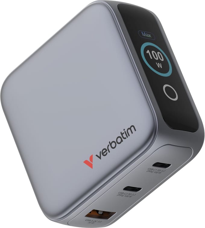 Verbatim Mini Gan-Oplader 100W 2Xusb-C 1Xusb-A Qc Voor Apple Macbook Iphone