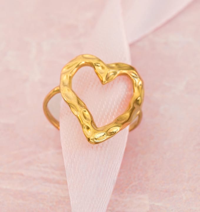 Verstelbare Ring Open Hart met Structuur | Stainless Steel Goud