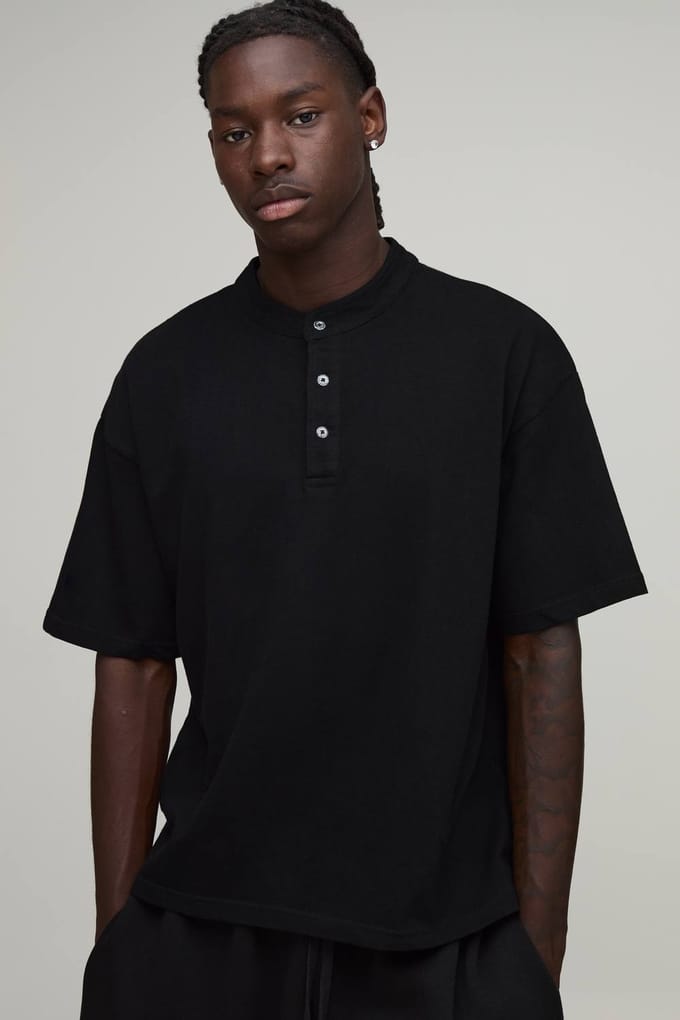 Oversized Boxy Henley T-Shirt | Black | Size XS