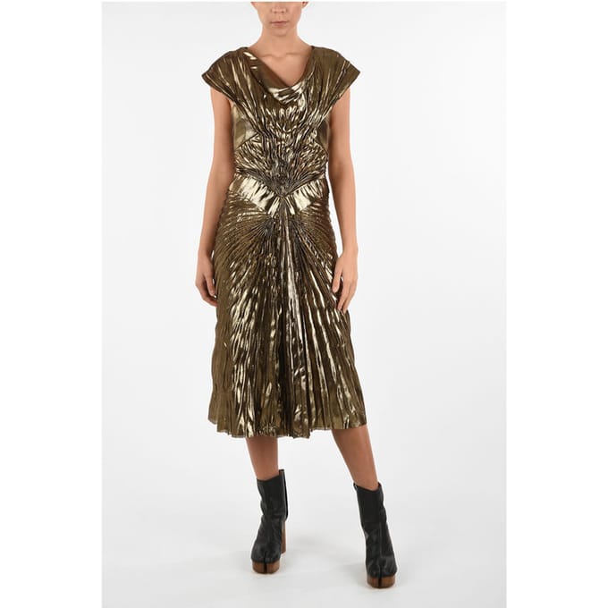 Metallic imitatieleren gedrapeerde empirejurk in goud
