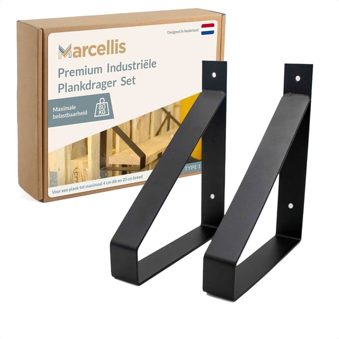 Marcellis - 2x Industriële plankdrager - Voor plank 20cm + schroefset - mat zwart - staal - T1