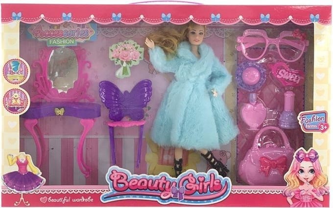 modepop met teddyjas poppenmeubel kaptafel en beautyset kaptafel