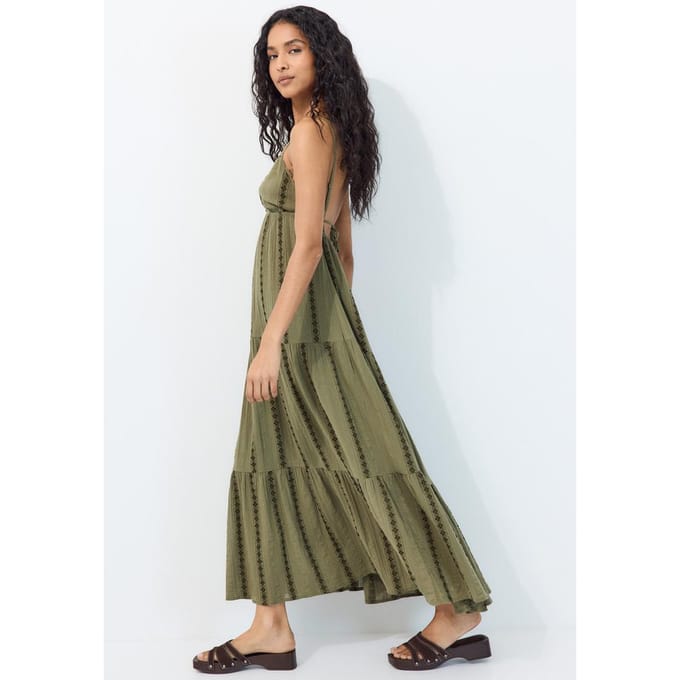 Stradivarius Lange vloeiende jurk met open rug  Kaki M