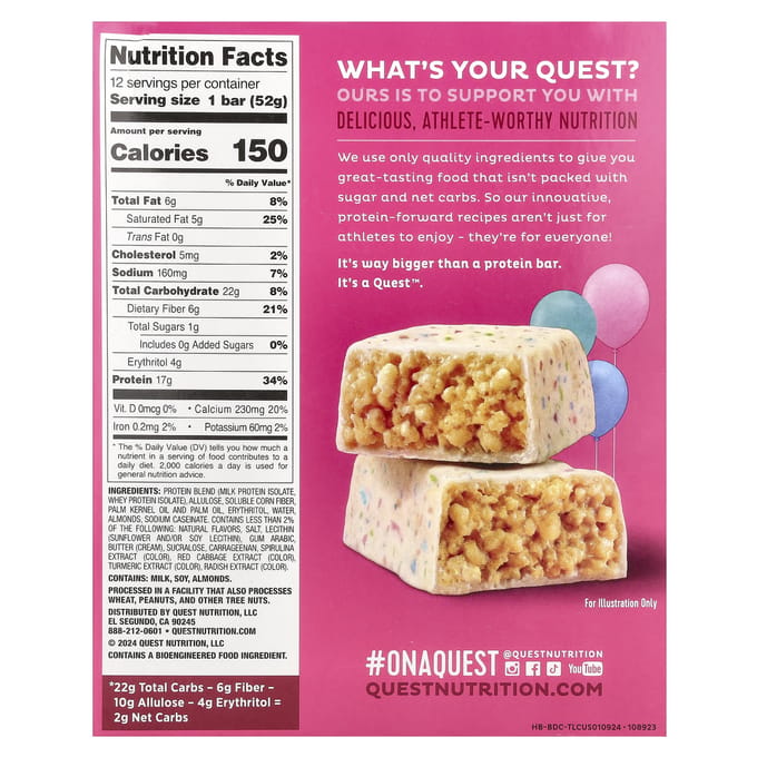 Quest Nutrition, Barres Protéinées Hero, Croustillantes, Gâteau d'Anniversaire, 12 Barres, 1.83 oz (52g) Chaque