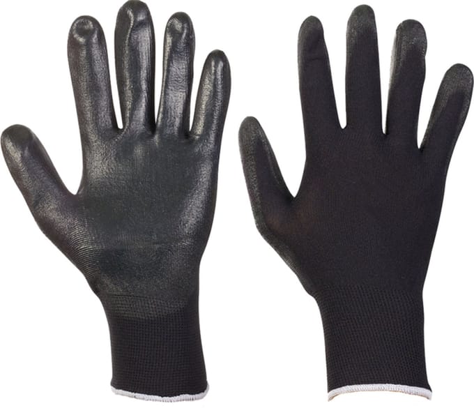 Polyester handschoenen maat 8 zwarte PU coating 1 paar/ per seal