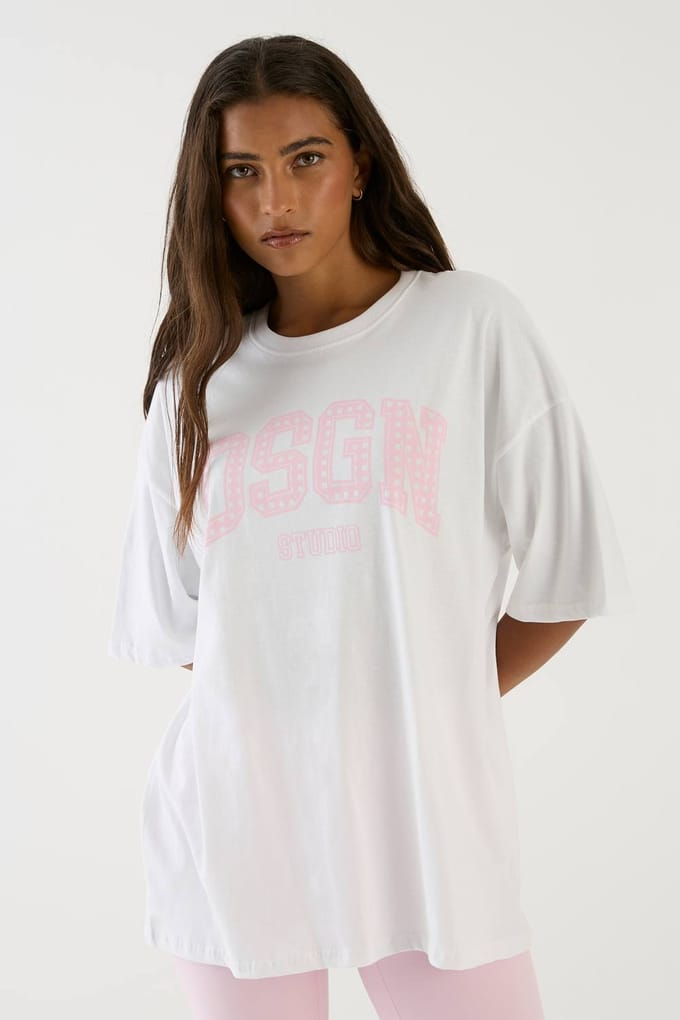 Dames Dsgn Studio Collegiate Gingham Print Oversized T-shirt | Wit | Maat: Medium