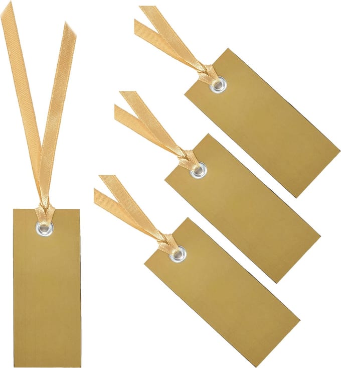 Santex cadeaulabels met lintje - 48x stuks - goud - 3 x 7 cm - naam tags