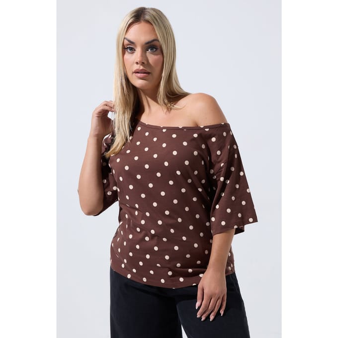 Limited Collection Chocoladebruin Tshirt Met Stippen En Blote Schouders Size 38
