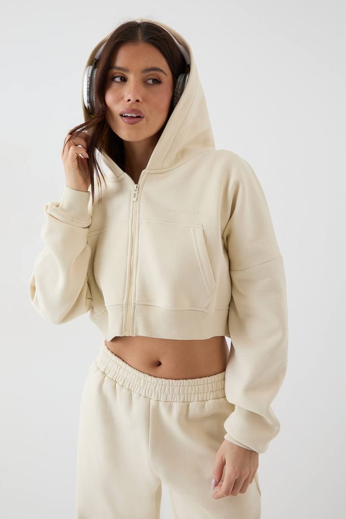 Dames DSGN Studio Boxy Crop Zip Through Hoodie | Cream | Maat: XL