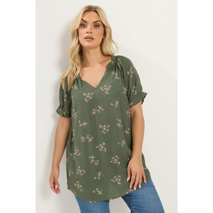Yours Groene Blouse Met Bloemenprint En Inkeping In De Hals Size 48