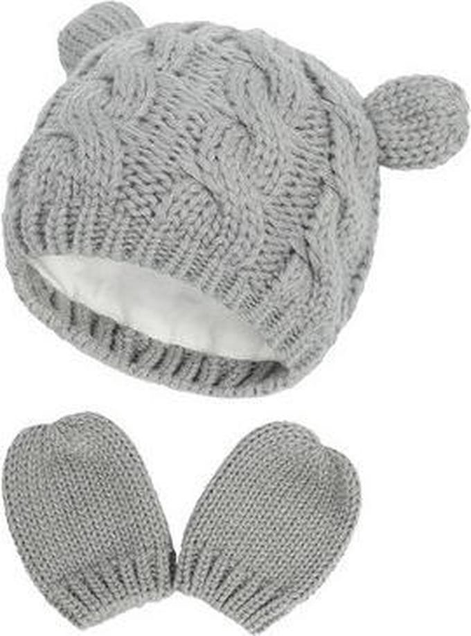 Baby Beervorm Muts & Wanten – Grijs – 1-3 maanden – S
