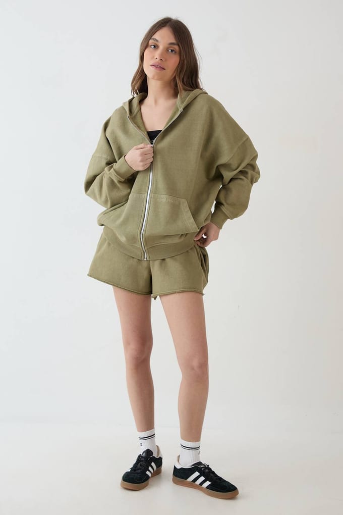 Dames Dsgn Studio Zwaargewicht Gewassen Oversized Hoodie Met Rits | Washed Khaki | Maat: Small