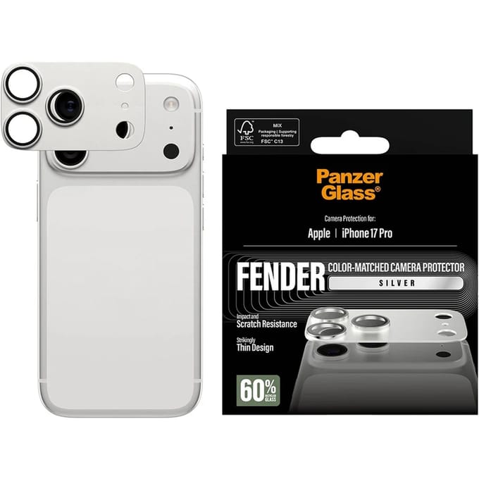 PanzerGlass Screenprotector geschikt voor Apple iPhone 17 Pro Aluminum | PanzerGlass FENDER Camera Protector - Case Friendly - Zilver