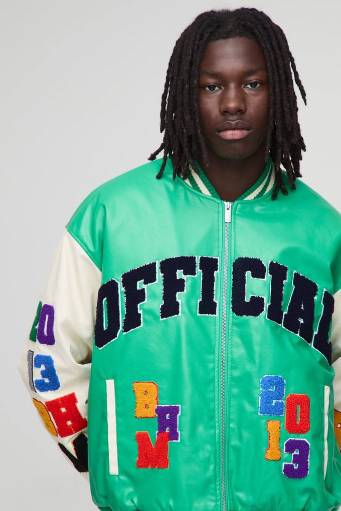 Boxy Fit Letter Badge Official Applique PU Varsity Bomberjack | Green | Size Medium