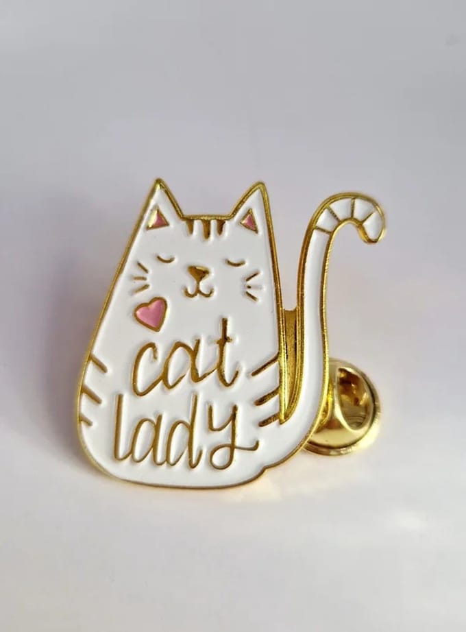 Broche Cat Lady wit - sierspeld kat - kattenvrouwtje - sjaalspeld