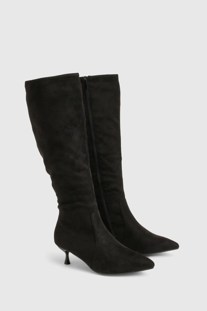 boohoo Dames Wide Fit Low Heel Pointed Toe Knee High Boots | Black | Maat: 4
