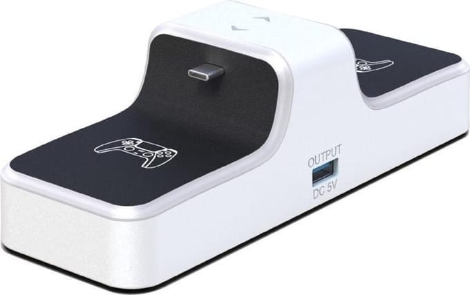 DrPhone DXP – Dual Charger Dock – Blauw LED Licht – Voor PS5 Controllers – USB Oplaadstation – Wit