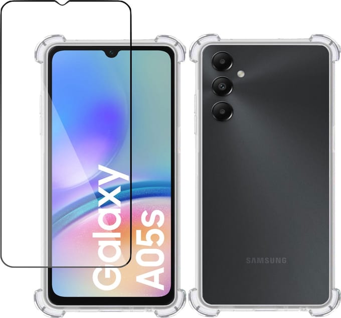 Hoesje + Screenprotector geschikt voor Samsung Galaxy A05s – Full Screen Tempered Glass - Extreme Shock Case Transparant