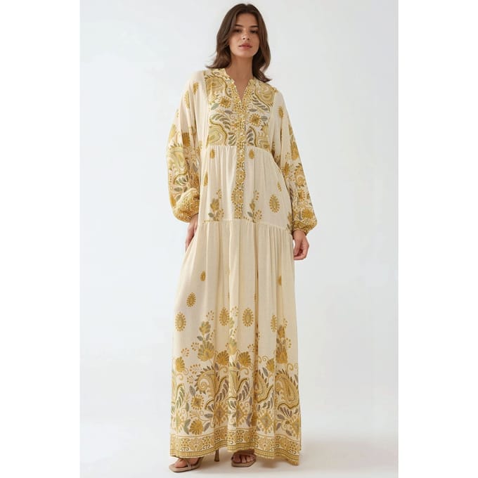 Geprinte Maxi Jurk met V-hals en Knoopdetails