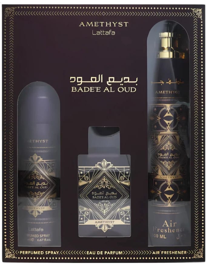 Lattafa Badee Al Oud Amethyst Gift Set – Eau de Parfum 100 ml + Perfumed Spray 200 ml + Air Freshener 300 ml