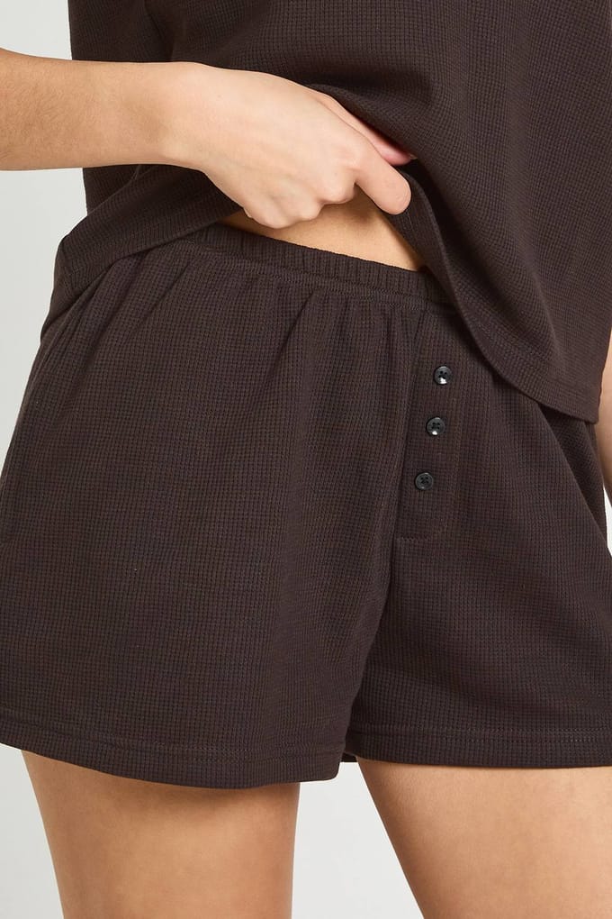 boohoo Dames Wafel Henley Short | Chocoladebruin | Maat: 36
